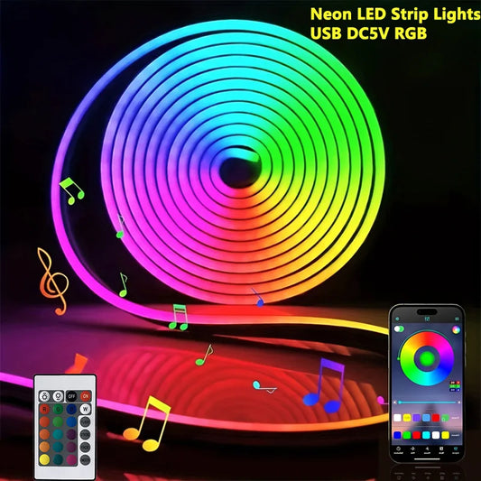 1–5m RGB Neon Light Strip with Smart App Remote Control USB Powered Flexible LED Silicone Rope Lighting for Christmas Room Decor