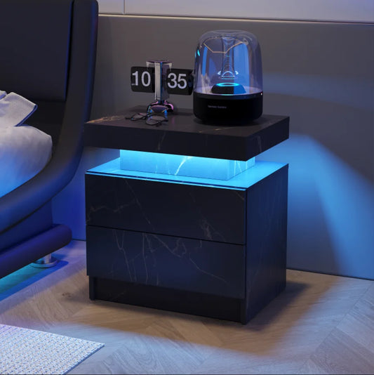 Nightstand LED Bedside Table Cabinet Lights Modern End Side with 2 Drawers for Bedroom (Black Gold)