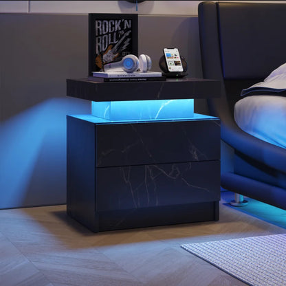 Nightstand LED Bedside Table Cabinet Lights Modern End Side with 2 Drawers for Bedroom (Black Gold)