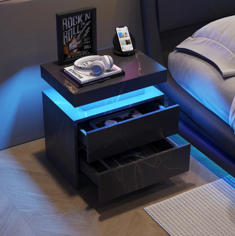 Nightstand LED Bedside Table Cabinet Lights Modern End Side with 2 Drawers for Bedroom (Black Gold)