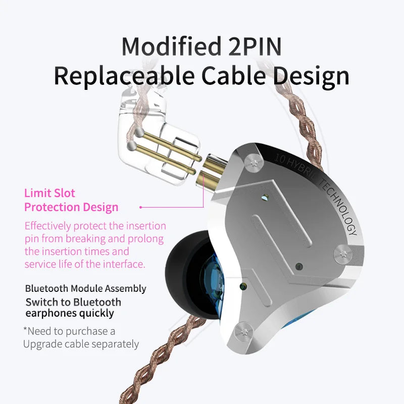 KZ ZS10 Pro 4ba + 1dd Hybrid Metal headphones 10-driver high-fidelity bass motion monitor headphones with canc